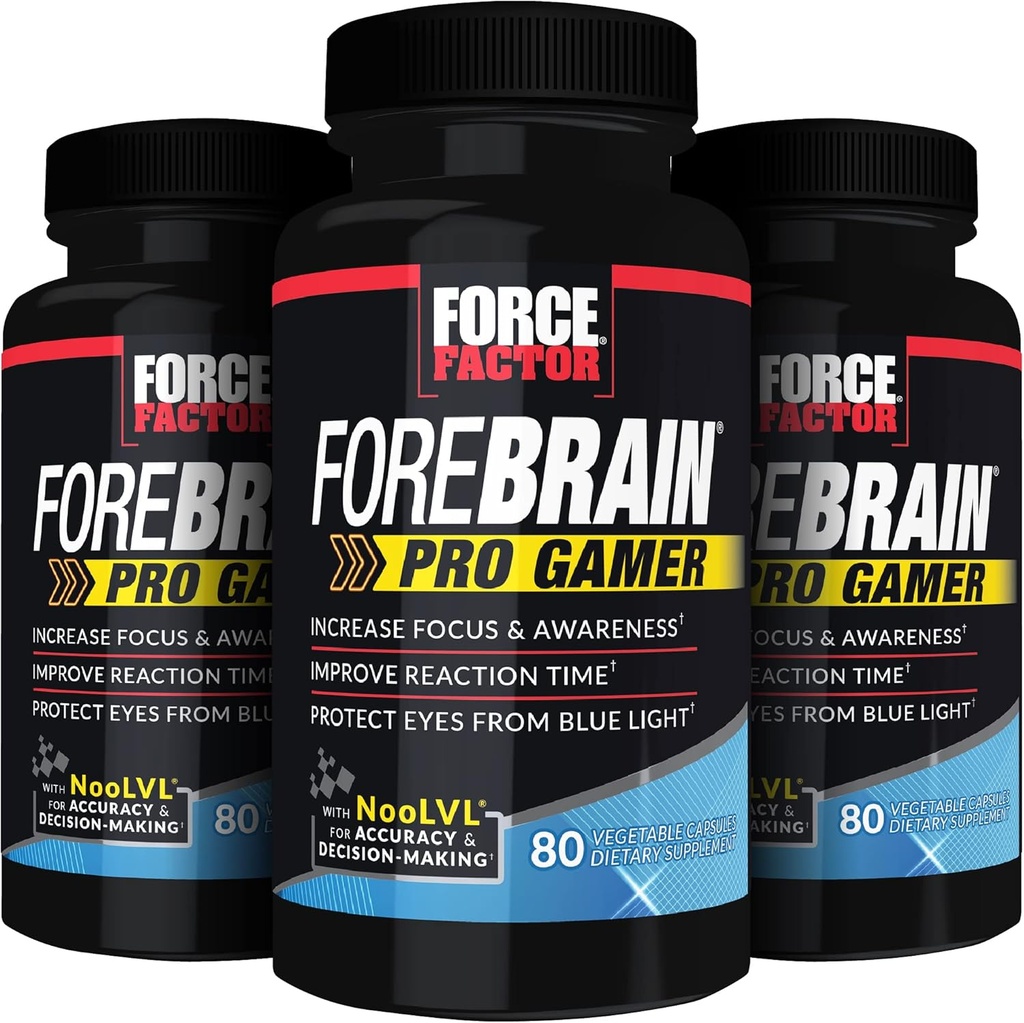 FORCE FACTOR Forebrain Pro Gamer Brain ATM, Gamer Supps Focus & Bilinç artırmak için Gamer Supps, Blue Light, Game Supplement, Nootropic, 240 Capsules, 3Pack, Black