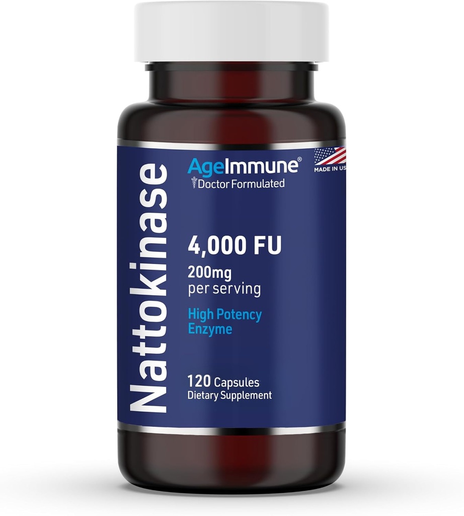AgeImmune Nattokinase Supplement 4000 FU 200 mg - Enzyme - Cardiovascular Destek 120 Capsules - ABD'de Magnezyum Stearate olmadan yapıldı.