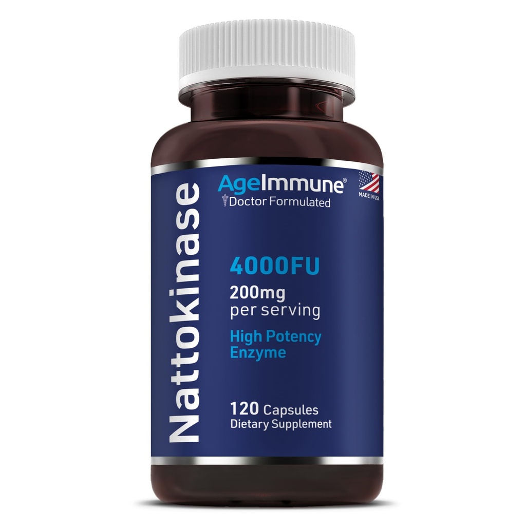 AgeImmune Nattokinase Supplement 4000 FU 200 mg - Enzyme - Cardiovascular Destek 120 Capsules - ABD'de Magnezyum Stearate olmadan yapıldı.