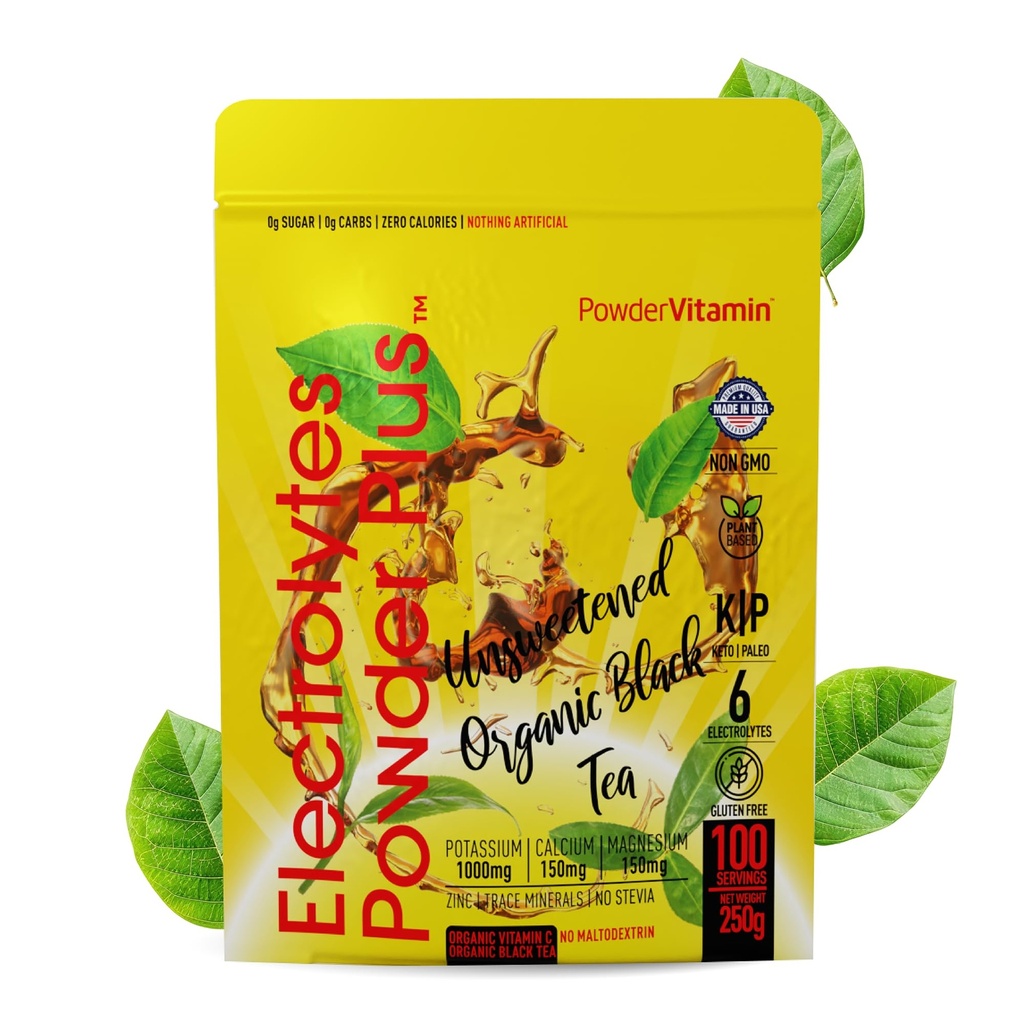 TozVitamin Electrolytes Toz Plus (100 Hizmet) Unsweetened Black Tea Electrolyte Toz Keto,SugarFree,Pink Himalaya Tuz,1000 mgPyum,150 mgCalcium,150 mgMagnesium,Hydration Toz NO STEVIA
