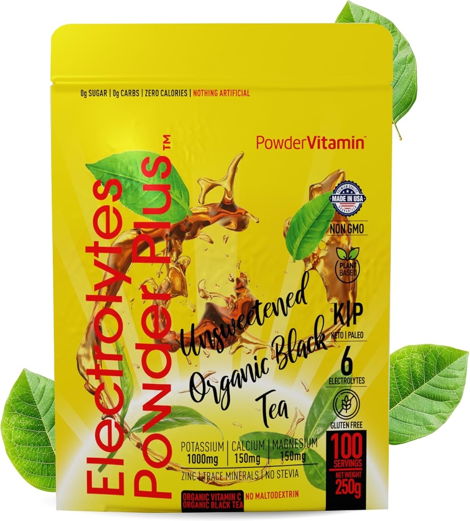 TozVitamin Electrolytes Toz Plus (100 Hizmet) Unsweetened Black Tea Electrolyte Toz Keto,SugarFree,Pink Himalaya Tuz,1000 mgPyum,150 mgCalcium,150 mgMagnesium,Hydration Toz NO STEVIA