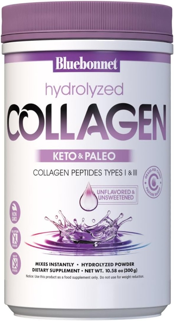 BlueBonnet Nutrition Hydrolyzed Collagen Powder, Supports Hair, Skin, and Nails*, Soy-Free, Gluten-Free, Non-GMO, Grass-fed Cows, Pasture Raised, 10.58 oz, 25 Servings, Unflavored, Unsweetened