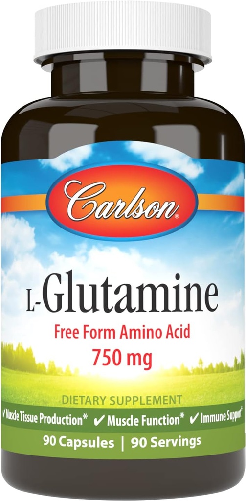 Carlson - L-Glutamine, Free-Form Amino asit, 750 mg, Muscle Tound Production, 90 Capsules