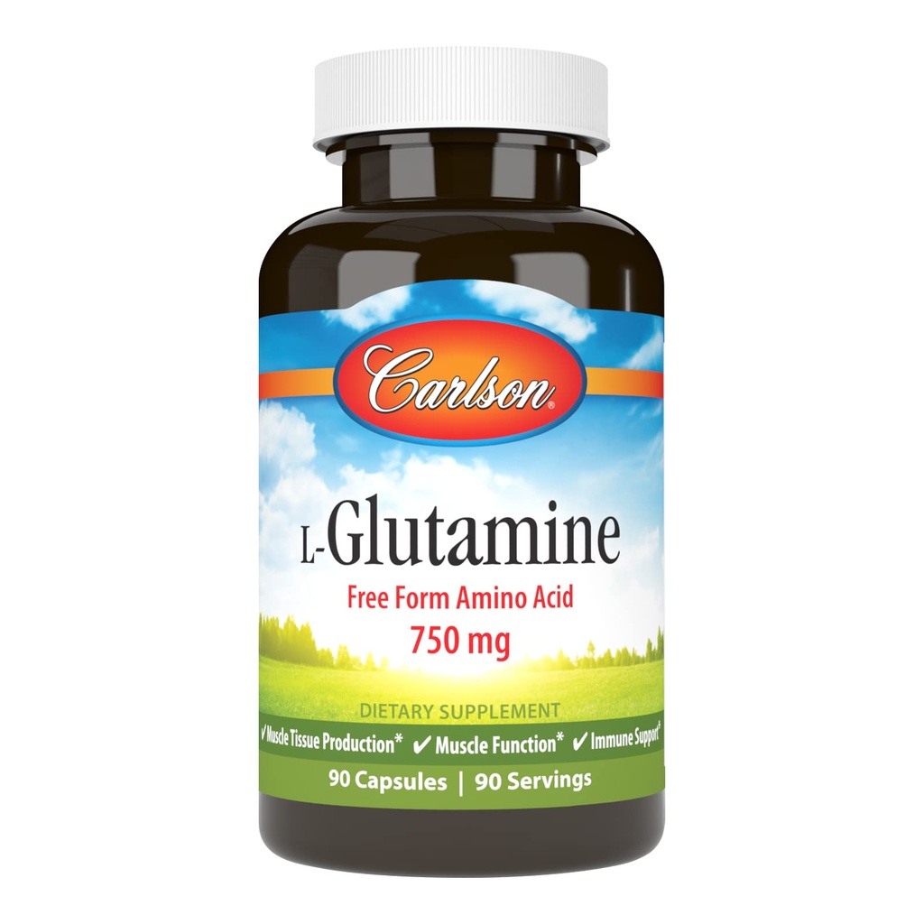 Carlson - L-Glutamine, Free-Form Amino asit, 750 mg, Muscle Tound Production, 90 Capsules