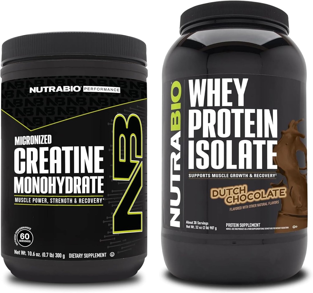 NutraBio Kretine Monohidrat, Unflavored, 300g ve Whey Protein Isolate, Hollandalı Çikolata, Supplement Sche - Muscle Energy, Lean Muscle growth, Recovery, and Strength