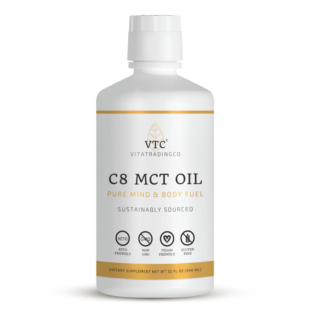 VTC VitaTradingCo. 100% Pure C8 MCT Oil | 3X Distilled Caprylic Asit | Temiz Enerji için Sağlıklı Şişman | Neredeyse Kaynaksız | No-GMO, Paleo, Keto | 32oz, 64 Hizmet (Unflavored)