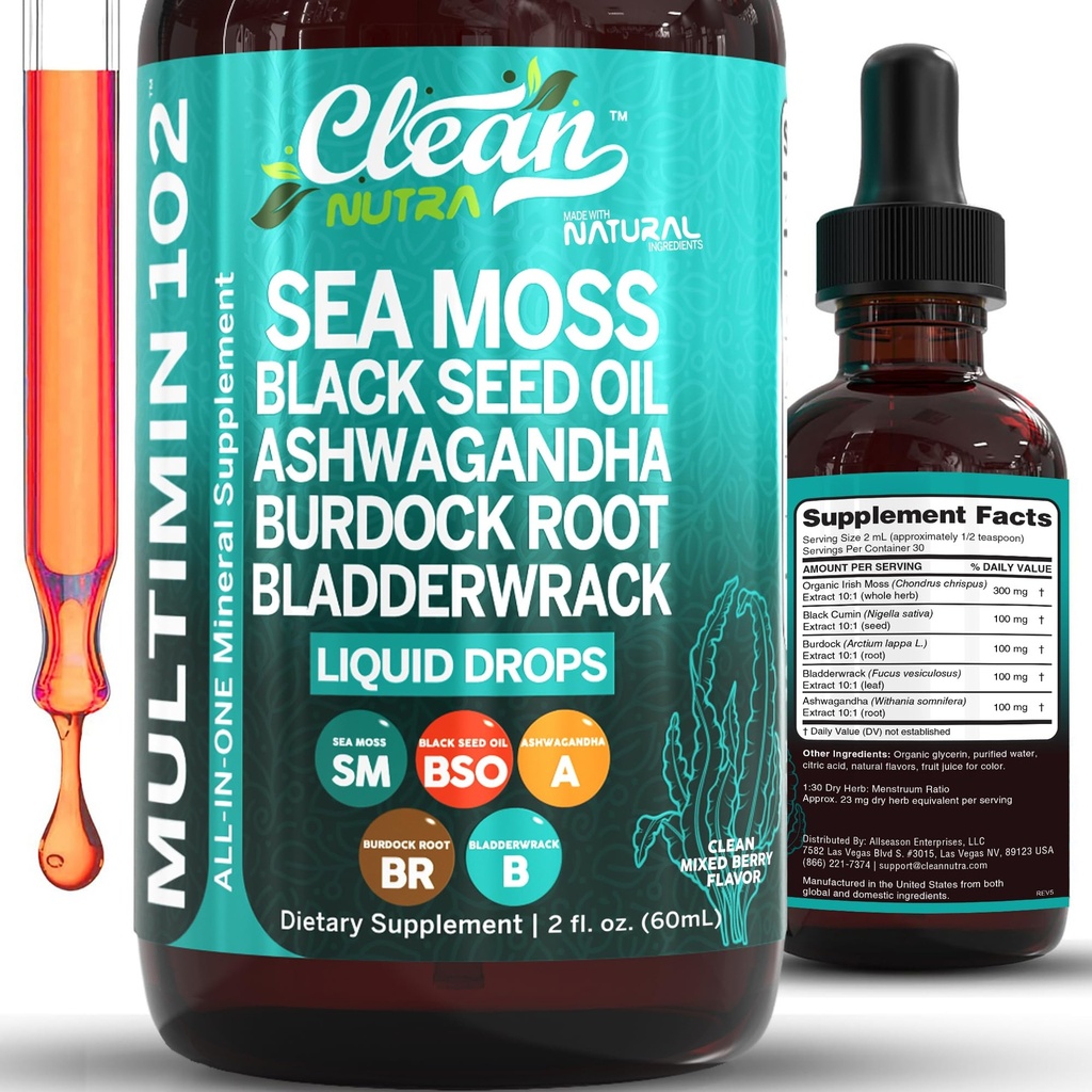 Temiz Nutra Organik Deniz Moss Geri Döndü | Black Seed Oil Irish Seamoss Ashwagandha Burdock Root & Bladderwrack - Gut Heath Energy Skin Immune Support & Hair