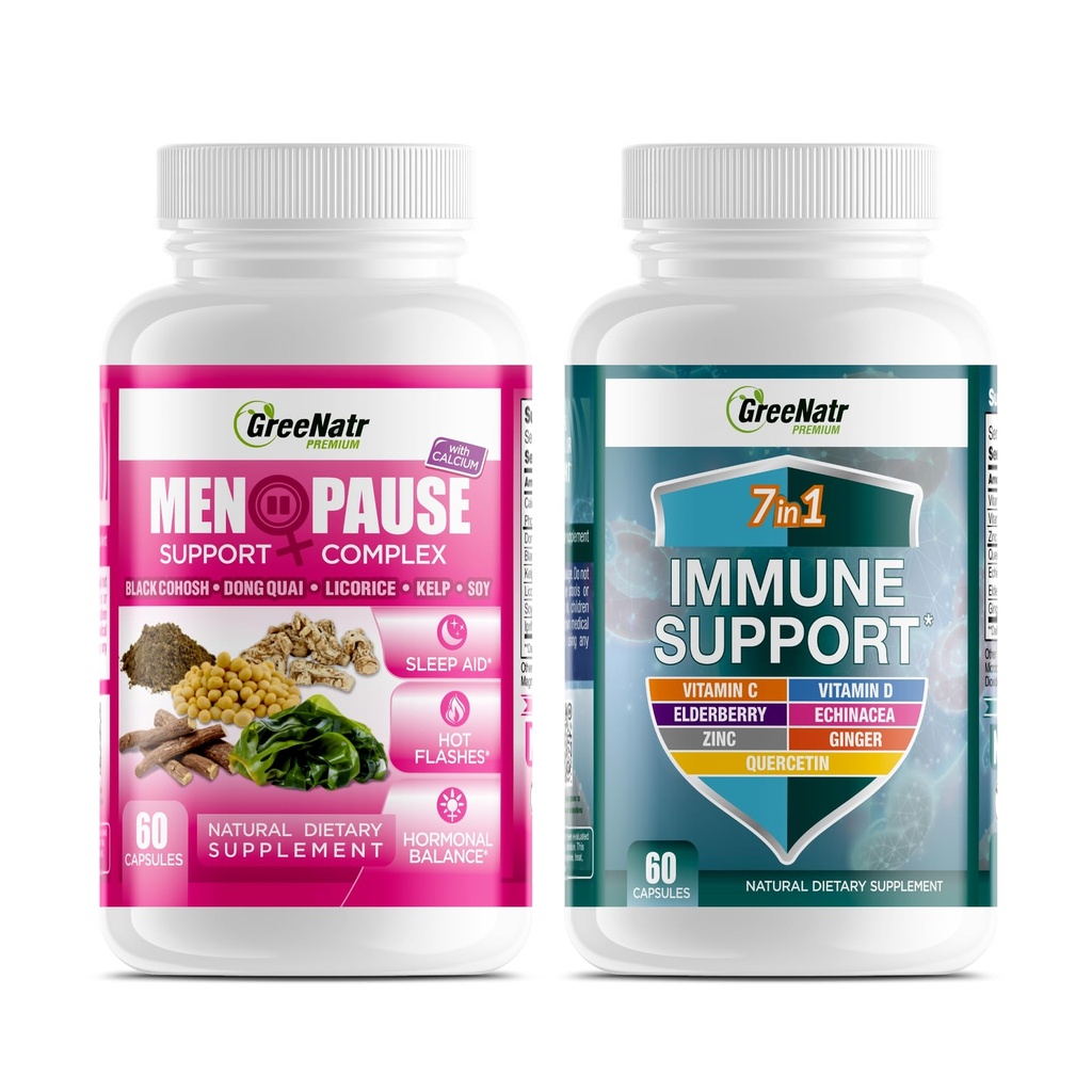 GreeNatr Herbal Menopause Support Complex for Hot Flashes, Night Sweats, Mood Swings Relief Plus 7 in 1 Immune Support with Quercetin, Echinacea, Sambucus Elder, and Ginger