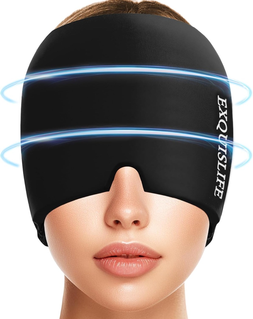 EXQUISLIFE Migraine Ice Head, Headache Relief Hat for Migraine Cap, Hot and Cold Therapy, Headache Eyes Maske for Sinus, Puffy Eyes, Ger ve Stres Yardımı (Black)
