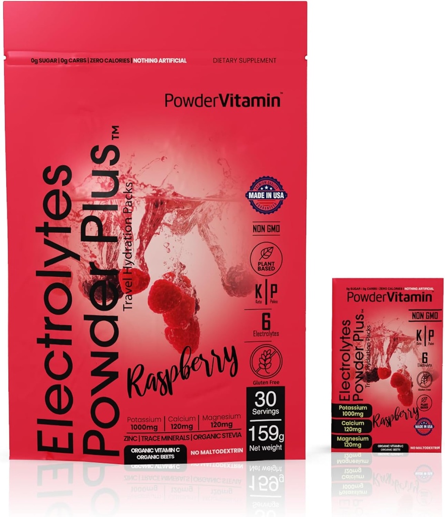 PowerVitamin Electrolytes Toz Paketleri - Raspberry - Daily Energy için Keto Electrolytes - 1000 mg P Properties, 120 mg Magnezyum, Zero Calories - 30 Hydration Packets - Raspberry - 30 Hydration Packets