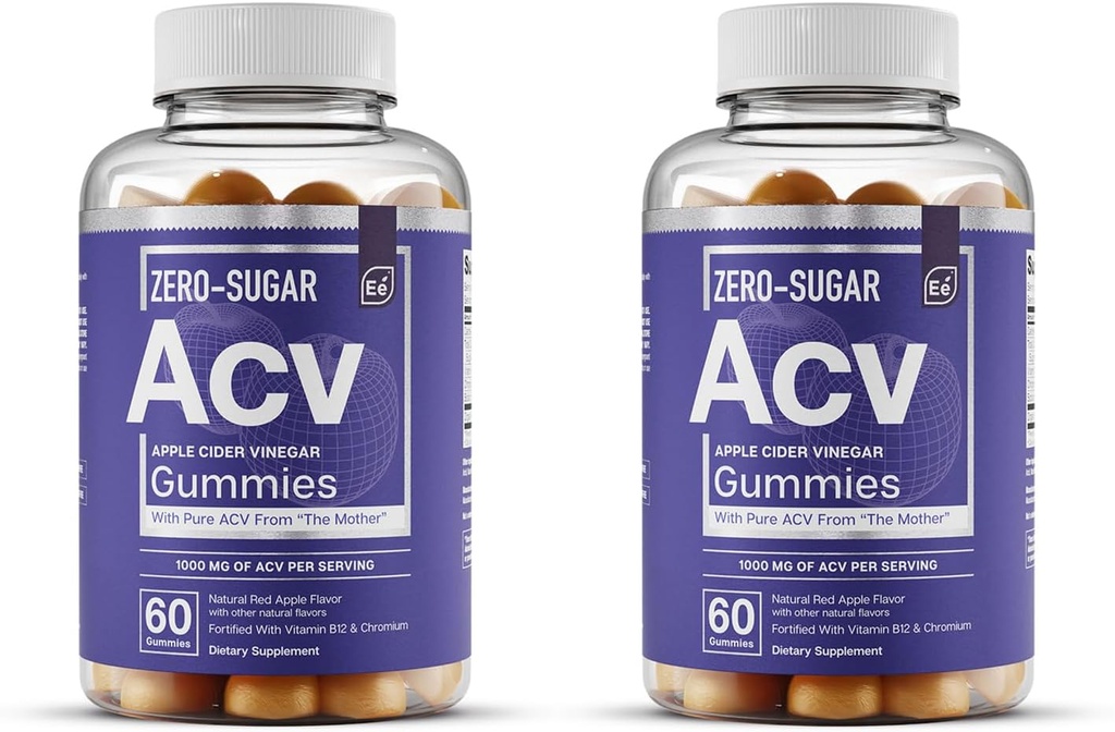 Temel Elements Zero-Sugar ACV Apple Cider Vinegar Gummies from “The Mother” - Doğal kaynaklar, Vegan ACV Gummies with Chromium 60 (2 Count-Pack)