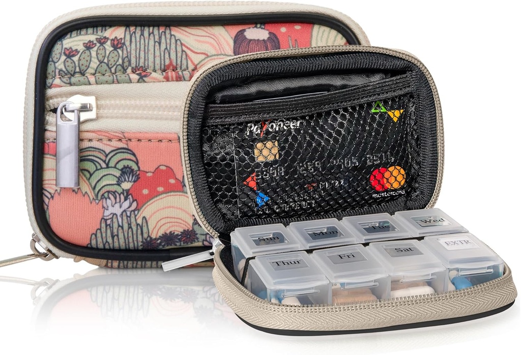 Made Easy Kit Pill Case - Weekly Medicine Organizer with Removable Seven-Day Vitamin & Supplement Box - Premium Neoprene for Travel Purse Accessory (Desert Khaki)