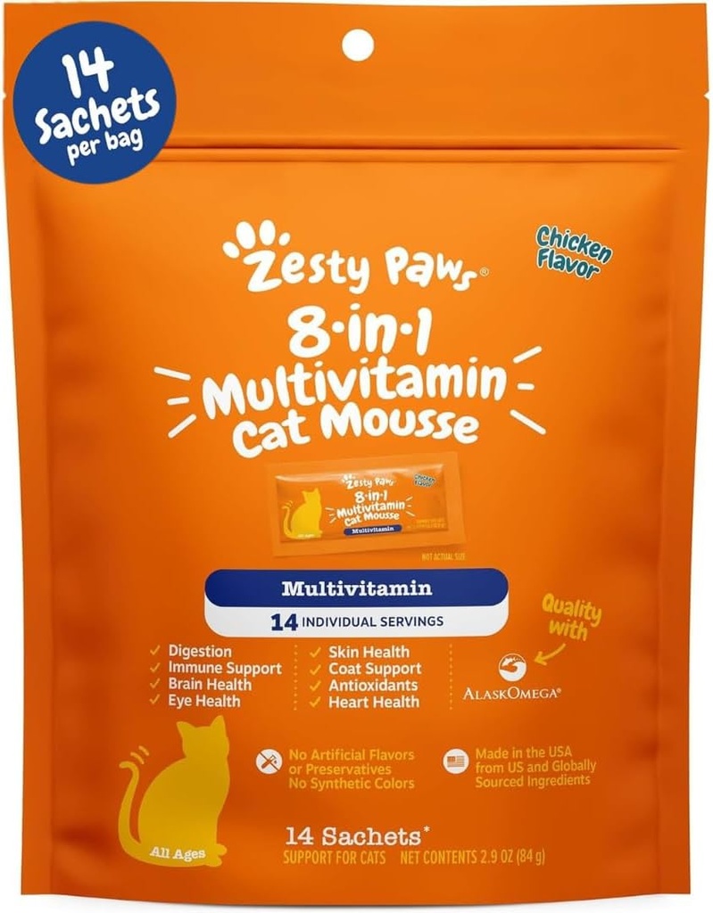 Zesty Paws 8-σε-1 Πολυβιταμίνες Βιταμίνες γάτας & Συμπληρώματα Mousse - Βιταμίνες γάτας για εσωτερικές γάτες - Υγιεινή θεραπεία Squeeze Up for Gut, Immune, Heart, Skin & Coat support - Chicken 14ct