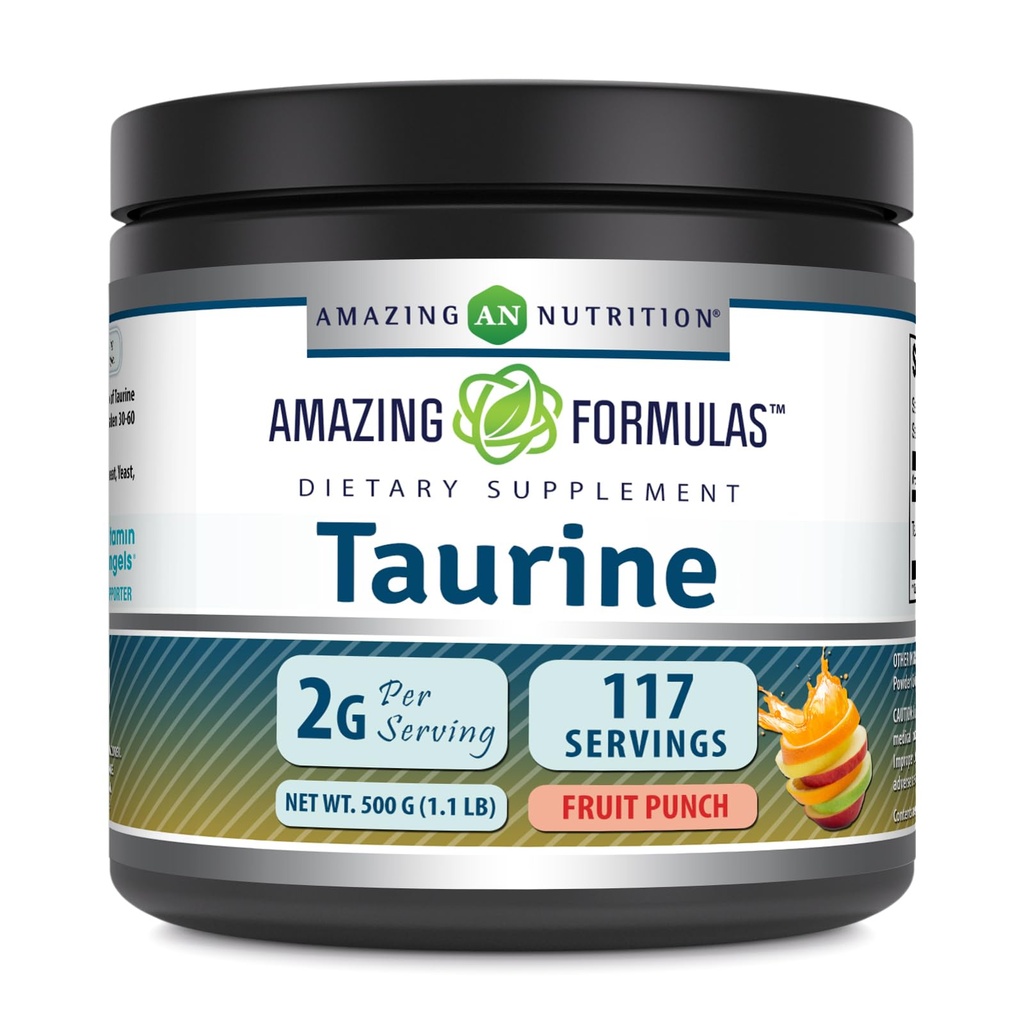 Amazing Formulas Taurine 500 Grams (1.1 Lb) Toz Supplement | 2000 mg Oda başına | 111 Hizmet | No-GMO | Gluten Free | Made in USA (Fruit Punch)