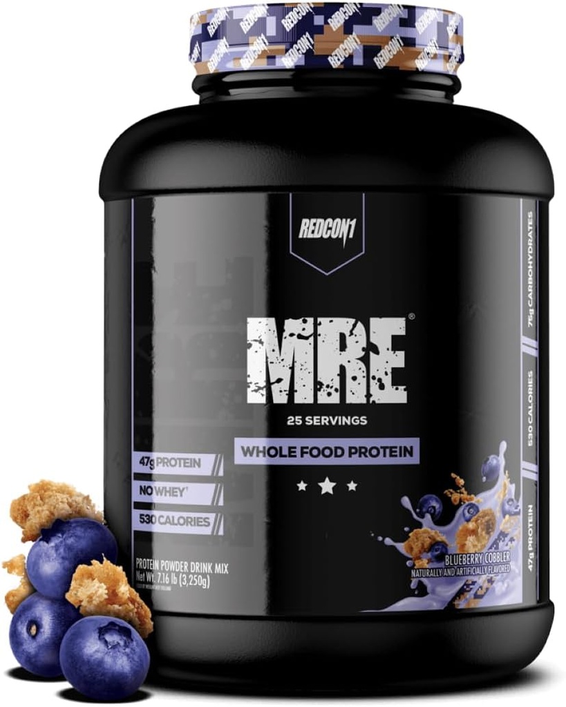 REDCON1 MRE Protein Powder, Blueberry Cobbler - Μείγμα πρωτεΐνης αντικατάστασης γεύματος Made with MCT Oil & Whole Foods - Πρωτεΐνη με φυσικά συστατικά για να βοηθήσει στην αποκατάσταση των μυών (25 σερβιρίσματος)