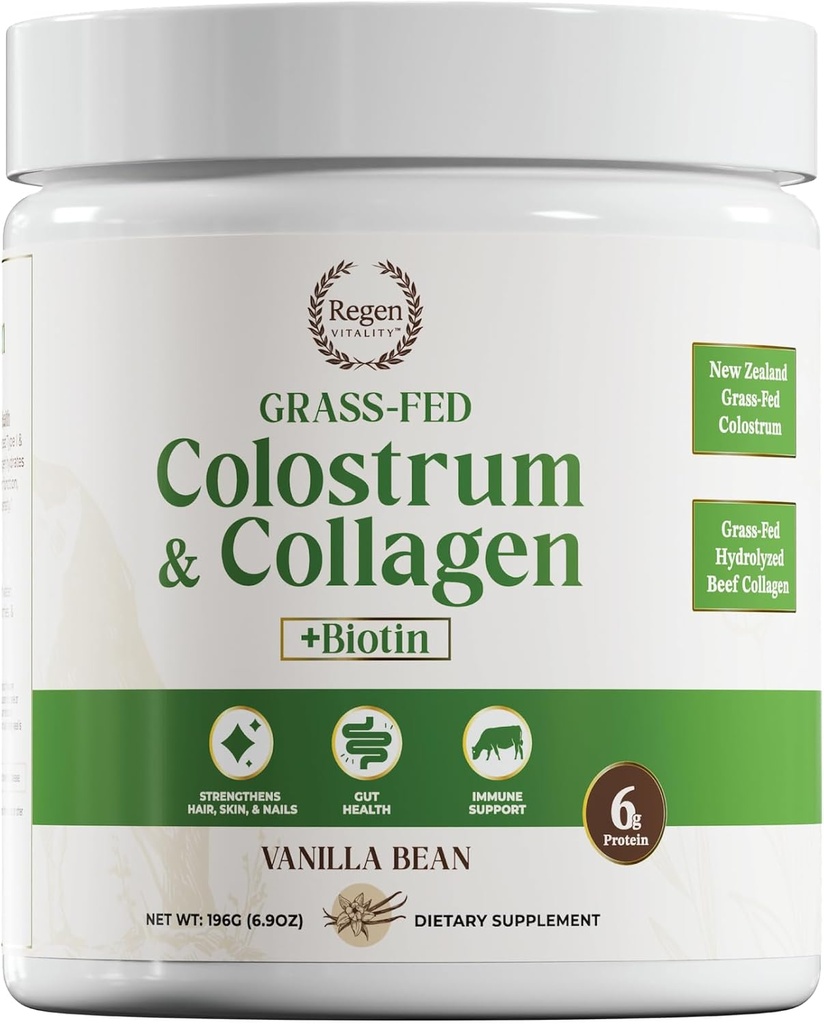Grass-Fed Colostrum & Collagen Toz | Gut Health, Saç, Cilt ve Ortak Destek | Yeni Zelanda Bovine Colostrum, Hydrolyzed Collagen,, 30006 Biotin | Vanilla Bean | 28 Hizmet