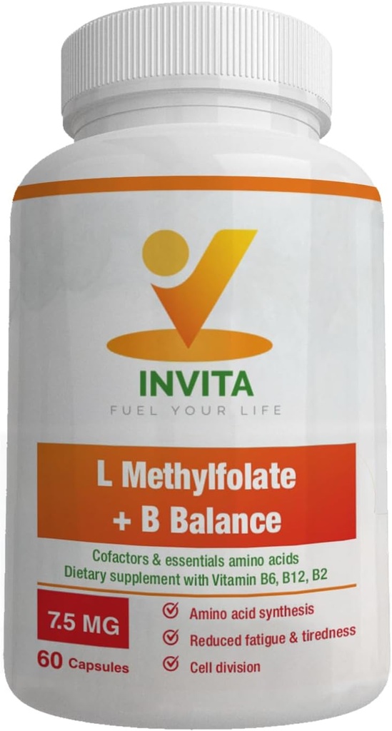 INVITA L-Methylfolate + B Balance - 5-MTHF, B6, B2 & B12 Torchcobalamin B Kompleksi - 60 Capsules - Profesyonel Güçlü Aktif Metil Folate - GMO, Gluten Free, No Fillers (7.5 mg)