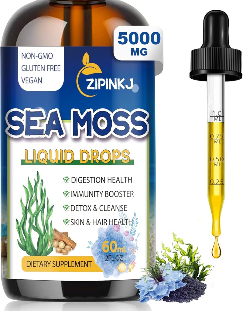 Sea Moss Drops, İrlandalı Liquid Sea Moss Gel, Black Seed Oil, Shilajit, Elderberry, Burdock Root, Spirulina, Bladderwrack for Digestion Health, Non-GMO, 2 Fl Oz