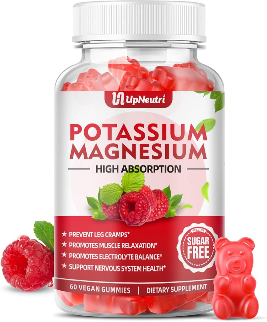 Yetişkinler Çocuklar için Potasyum Kummies, Sugar-Free P Properties Citrate Gummies Destekler Leg Cramps & Muscle & Heart Health, Vegan Magnezyum Glycinate Gummies Raspberry Flavor 60 Cts