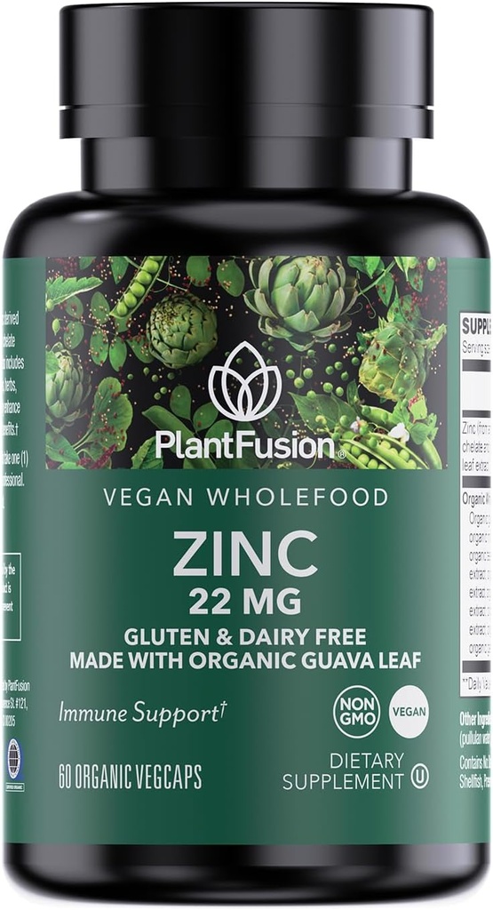 PlantFusion Vegan Zinc Συμπληρώματα 22 mg – Σύμπλεγμα ολόκληρων τροφίμων, Χηλικός κιτρικός ψευδάργυρος από οργανικό φύλλο Guava για ανοσοποίηση Υποστήριξη, 60 κάψουλες