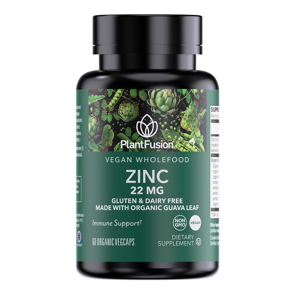 PlantFusion Vegan Zinc Supplements 22 mg – Wholefood Complex, Chelated Zinc Citrate from Organic Guava Leaf for Immune Support, 60 Capsules