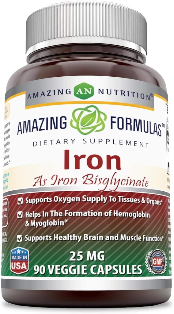 Amazing Formulas Iron as Iron Bisglycinate 25 Mg Veggie Capsules (Non-GMO,Gluten Free) - Hemoglobin&Myoglobin Formation of Hemoglobin (90 Veggie Capsules)