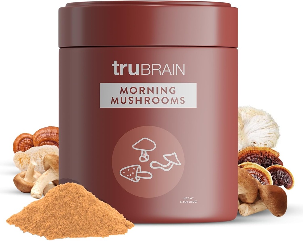 TruBrain Morning Mushrooms: Superfoods & Adaptogens | USA-Grown Lion's Mane, Chaga, Cordyceps, & Reishi Mushrooms | Natural Energy, Focus ve Immune Support