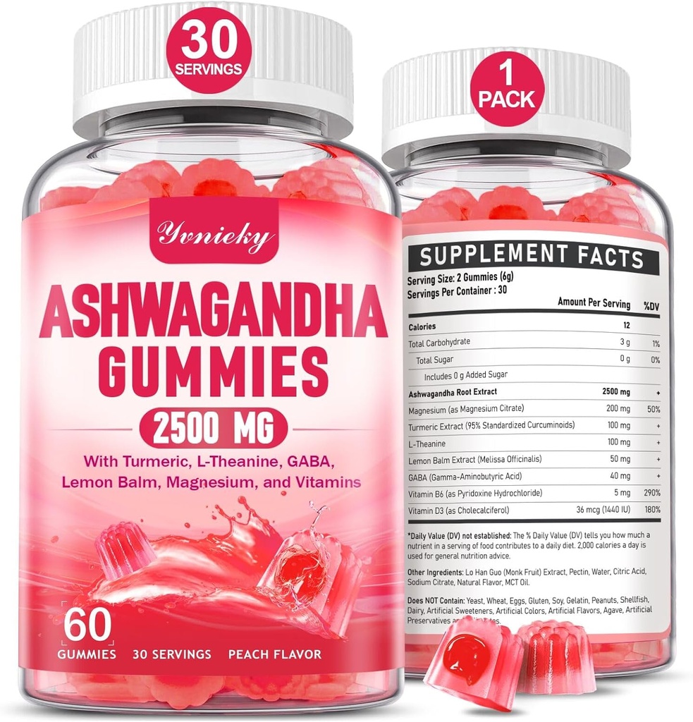 Kadınlar ve Erkekler için 2500 mg: Ashwagandha Supplement Gummy Ekstra Güçlü Turmeric, Vitamin D3, L-Theanine, Magnezyum - Tamamlanan Gummies, Strawberry Flavor, Vegan, Non-GMO