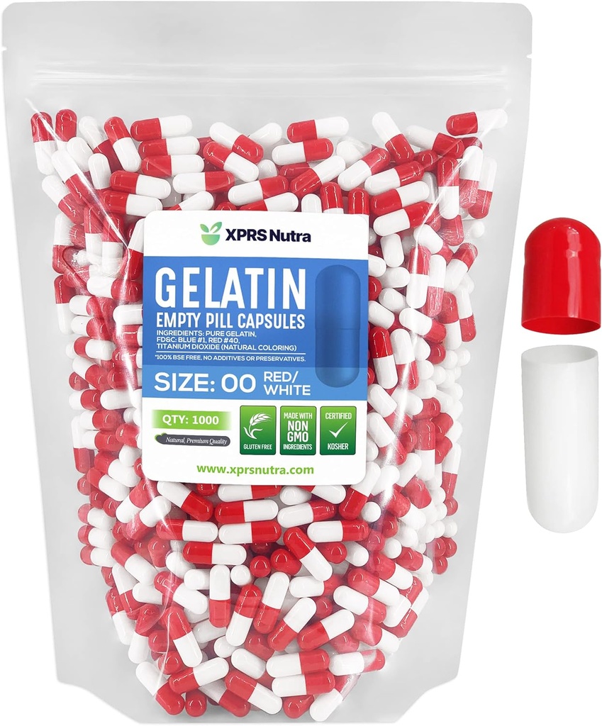 XPRS Nutra Μέγεθος 00 Κενές κάψουλες - 1000 Count Empty Gelatin Κάψουλες - DIY Καψάκιο Γέμισμα - Γέμισμα χάπια Gel Caps για Do-It-Yourself Συμπληρώματα (Red/White)