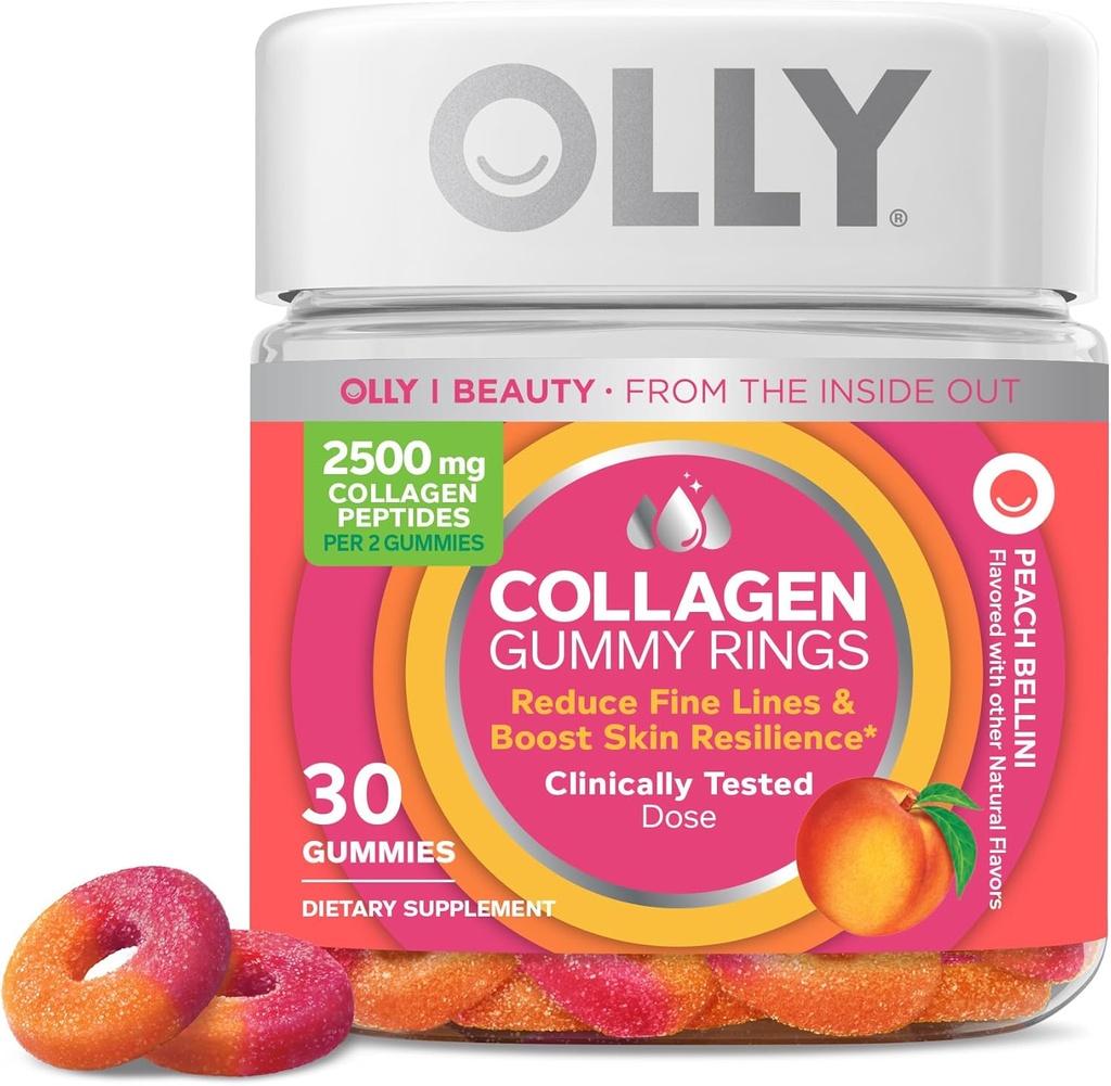 OLLY Collagen Gummy Ring, Supports Skin Elasticity and Companyness, 2.5g Collagen, Klinik olarak test edildi, Peach, 15 Day Supply - 30 Count Count