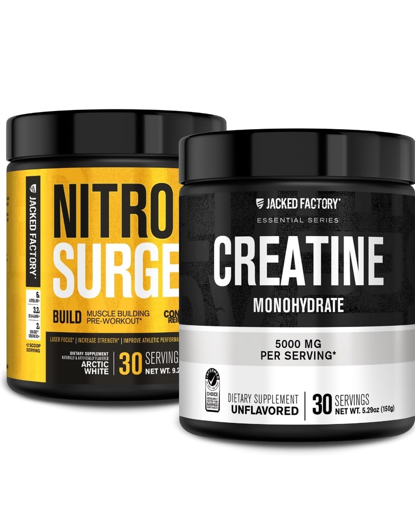 Jacked Factory Nitrosurge Build Pre Workout with Creatine for Muscle Building (30 services, Arctic White) & Creatine Monohydrate Κόνις για την ανάπτυξη των μυών & Αυξημένη δύναμη (30 Services, Unflaved)