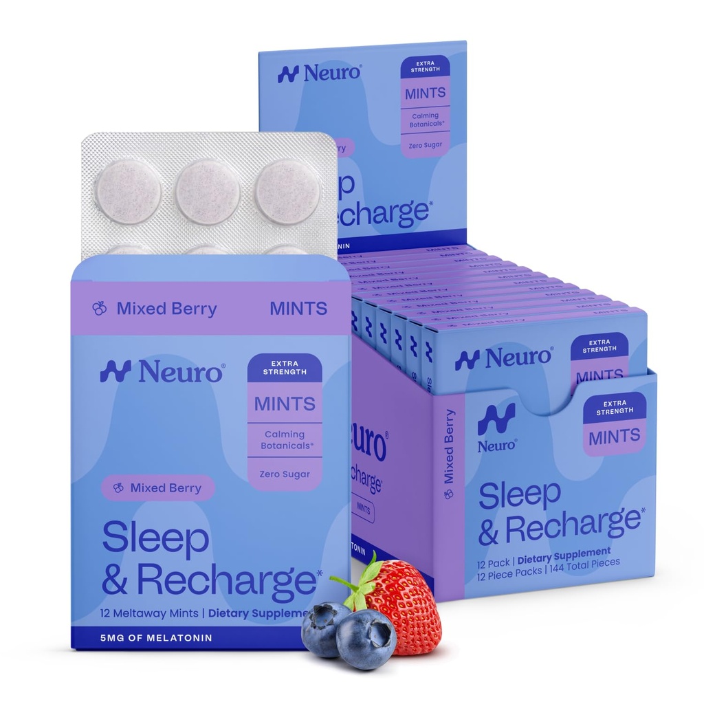 Nöro Melatonin 5 mg Sleep & Recharge Mints (144 Adet) - Fast Dissolve Melatonin Sugar Free Mints with Lemon Balm & Chamomile for Better Sleep - Calm Sleep Supplement for Yetişkinler - Night Berry Flavor