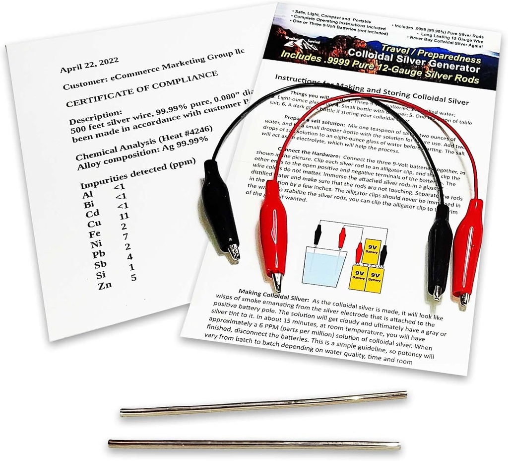 Colloidal Silver Jeneratör Wire 99.99% Pure 12Gauge (0.08./2.06 mm) (2) 4-Inch Rods + Mini/Travel Jeneratörü - Wires + Complete Talimatları içerir