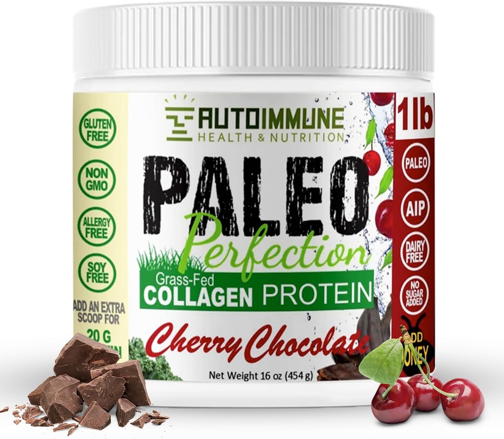 Paleo Perfection Cherry Cherry Chocolate Grass Fed Beef Collagen Protein Powder without Stevia - Paleo, Keto, SCD, AIP Protein Powder w/ Apple Fiber, Carrot, Broccoli - 1lb Protein Powder & Superfood Blend