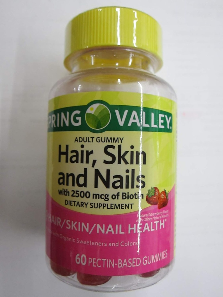 Spring Valley Yetişkin Saç, Skin, Nails, 2500 mcg Biotin, Strawberry, 60 Gummies (Pack of 2)