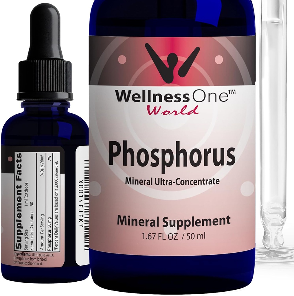 WellnessOne Ionic Phosphorus Supplements - Phosphorus Liquid from Ortho Phosphoric Acid for Teeth, Bone Health, & Energy Support - Non-GMO, Vegan, Gluten Free - 1,67 fl oz