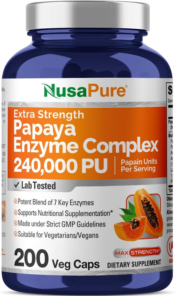 NusaPure Papaya Papain Enzyme Kompleksi 240,000 PU - 200 Veggie Caps - 100% Vegetarian, Non-GMOMO