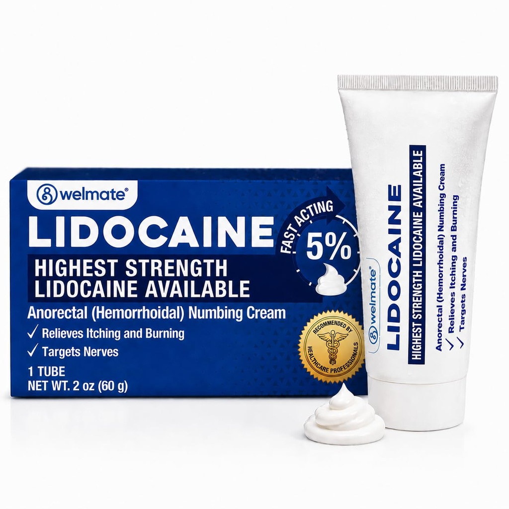WELMATE -% 5 Lidoka Numbing Cream, 2oz (60g) - En Güçlü Lidokak Krem - Hemorrhoid Relief - Dış Kullanımı Anesthetic, Vitamin E - Çocuk Dayanıklı - Topical Skin Care