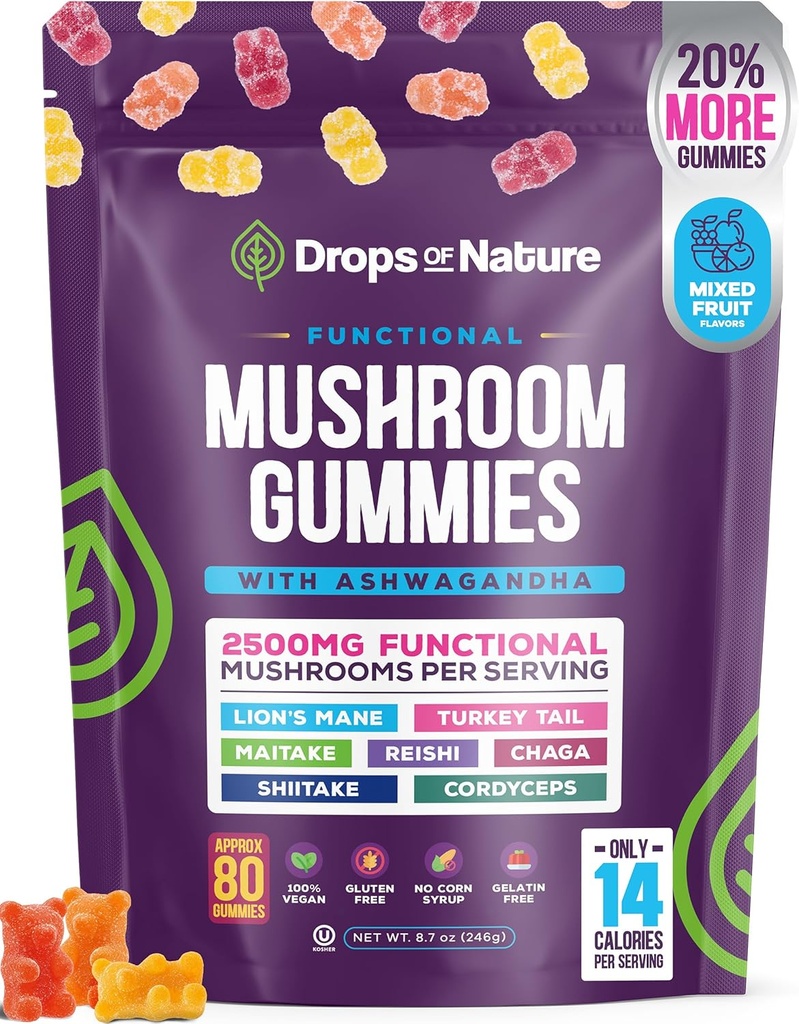 Ashwagandha Gummies ve Lions Mane Mushroom Gummies Supplement - Organik - Reishi, Cordyceps, Türkiye Tail, Maitake, Shitake, Chaga - Immune Defense, Boosts Cognitive Performance, Vegan, Low Carb