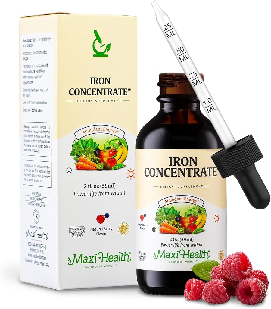 Maxi Health Women, Men and Kids Liquid Iron Supplement - 15 mg ανά ML Berry Flavored - Υψηλή Ικανότητα - Εύκολο στην ανάμιξη για Άμεση Απορρόφηση - Αύξηση Ενέργειας Χωρίς Ναυτία - 2 fl Ουγγιά