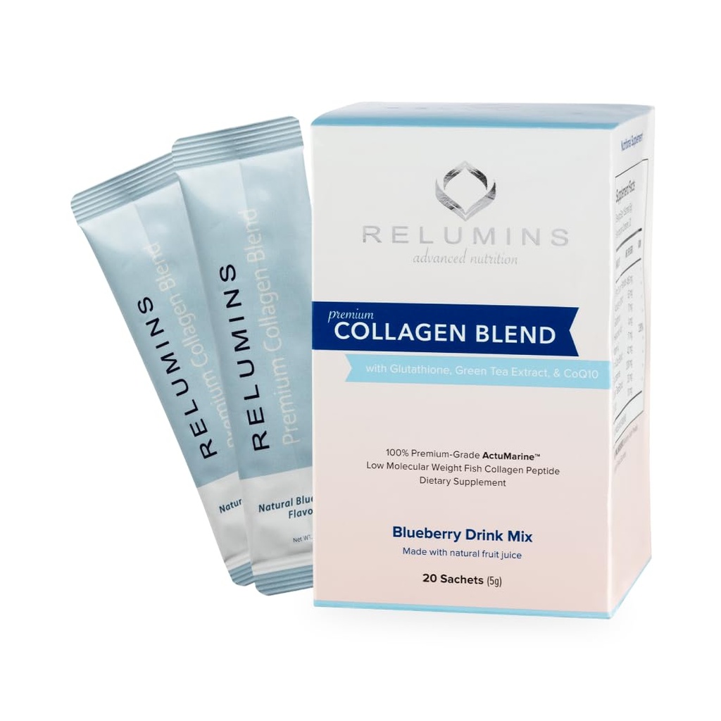 Relumins Marine Collagen Powder Drink Mix - Collagen Peptide με Glutathione, Πράσινο Τσάι, CoQ10, & Hyaluronic Acid Προάγει το Λαμπερό Δέρμα - 10 Sachets σκόνη - Βατόμουρο Γεύση