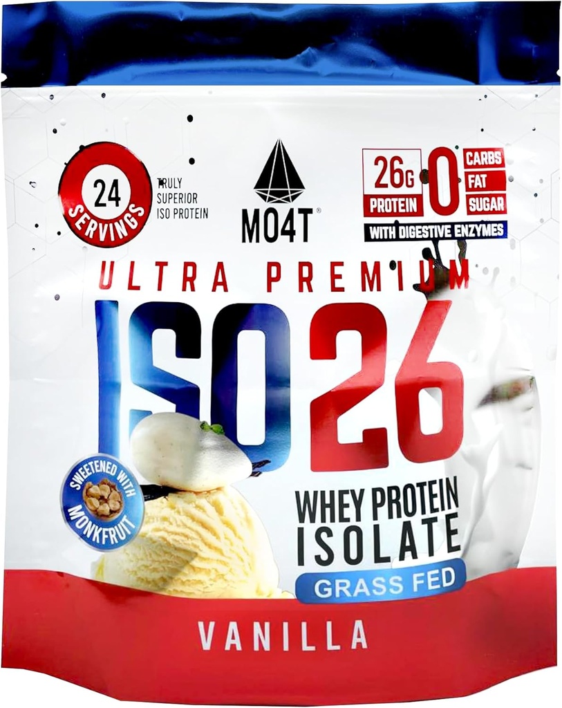 ISO26 Grass Fed Whey Protein Isolate with no Artificial sweeteners. Naturally Sweetened with Monk Fruit, 1.6 Pounds, 24 Servings, Milk Chocolate (Iso 26 Pouch Vanilla)