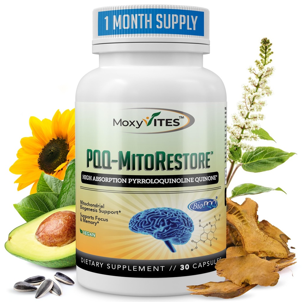 PQ MITORESTORE Brain Supplements for Memory and Focus - Mitochondria Supplement with BioPQ 20mg - Purest Form kimyasal olarak Synthescale, Cognitive and Heart Support - 30 Vegan Capsules, Non GMO