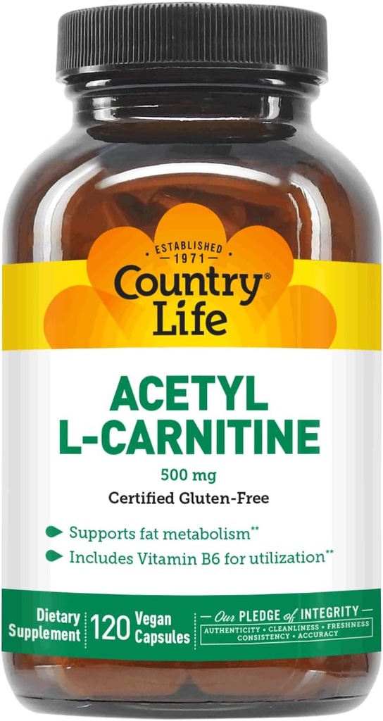 Country Life Acetyl L-καρνιτίνη, 500 mg, με κάψουλες B-6 - 120 Vegan