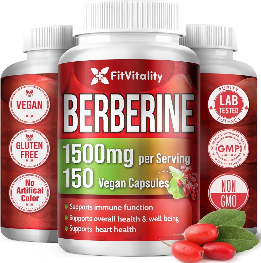Premium Berberine Supplement, 150 Capsules – 50 Days Supply, 1500 mg Berberine Per Service, Berberine HCI, %100 Pure & Natural Materialss, Non-GMO, Gluten-Free.
