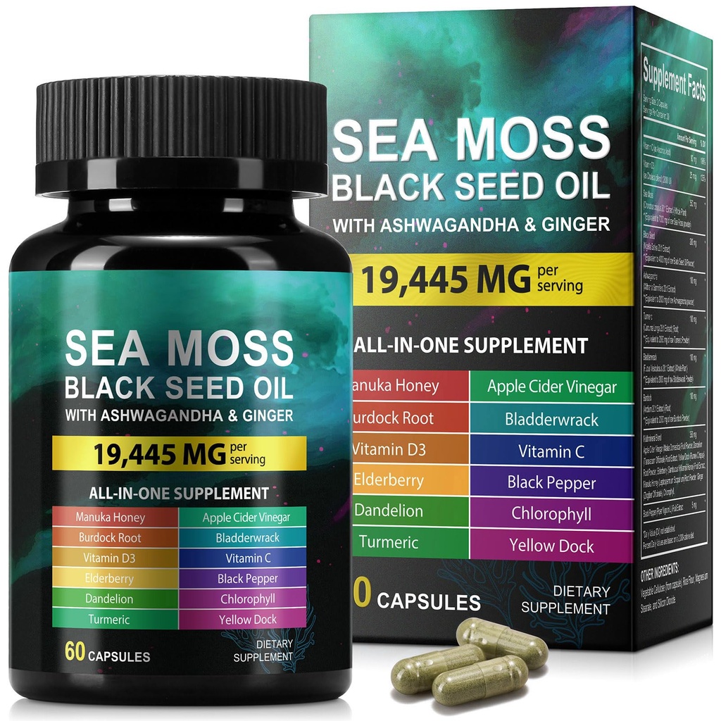 Sea Moss Black Seed Oil Ashwagandha Ginger, Sea Moss συμπλήρωμα καψακίων με Turmeric Burdock Root Bladderwrack Βιταμίνη C βιταμίνη D3 Ενισχυμένη Ανοσία & Ενέργεια Μαύρος Σπόρος Καψάκιο Λάδι 60 Count