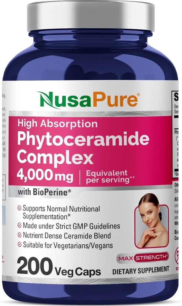 NusaPure Phytoceramid Kompleksi 10:1 Ekstraksiyon, 1030 mg 4000 mg 200 Veggie Capsules (Non-GMO) Bioperine