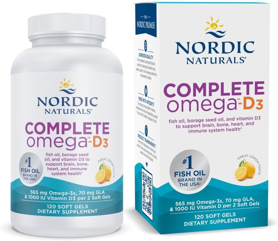 Nordic Naturals Tamam Omega-D3, Limon Flavor - 120 Soft Gels - 565 mg Omega-3 + 70 mg GLA + 1000 IU Vitamin D3 - EPA & DHA - Sağlıklı Skin, Cognition, Pozitif Mood - Non-GMO - 60 Hizmetler