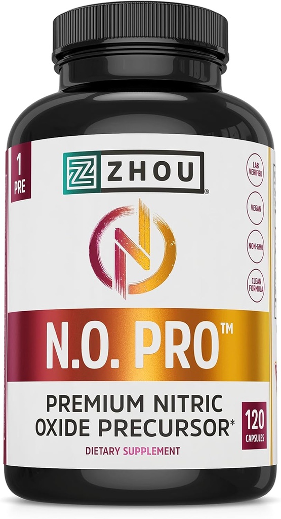 Zhou N.O. Pro - Premium Συμπλήρωμα οξειδίου του αζώτου για άνδρες & γυναίκες, την καρδιά, τους μυς και το αίμα Υποστήριξη με ρίζα τεύτλων & L Αργινίνη, φυσικό ενισχυτή οξειδίου του αζώτου - 120 κάψουλες λαχανικά