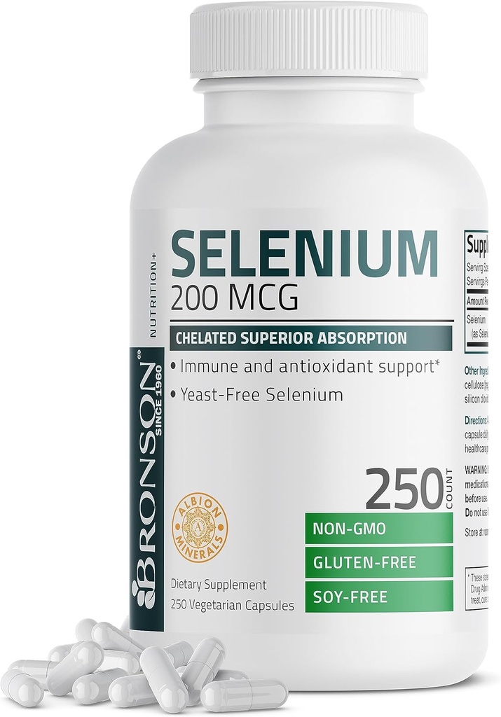 Bronson Selenium 200 mcg – Yeast Free Chelated replica Kompleksi Kompleksi - Temel Trace Minerali, 250 Vejetaryen Capsules